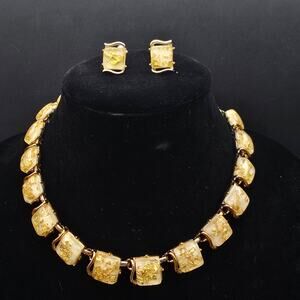 Coro Gold Tone Confetti Lucite Necklace Clip On Earrings Set Vintage Jewelry